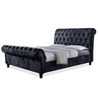 Baxton Studio CF8539-Black-King Castello Black Velvet Upholstered Faux Crystal-Buttoned Sleigh King Platform Bed